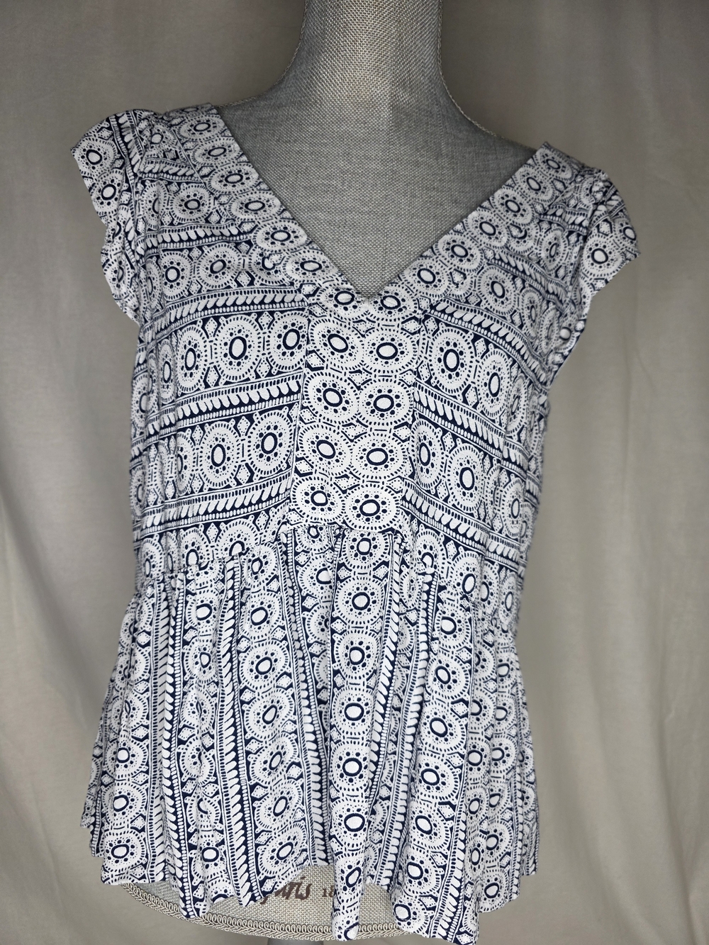 LOFT Navy and White Peplum V-Neck Top